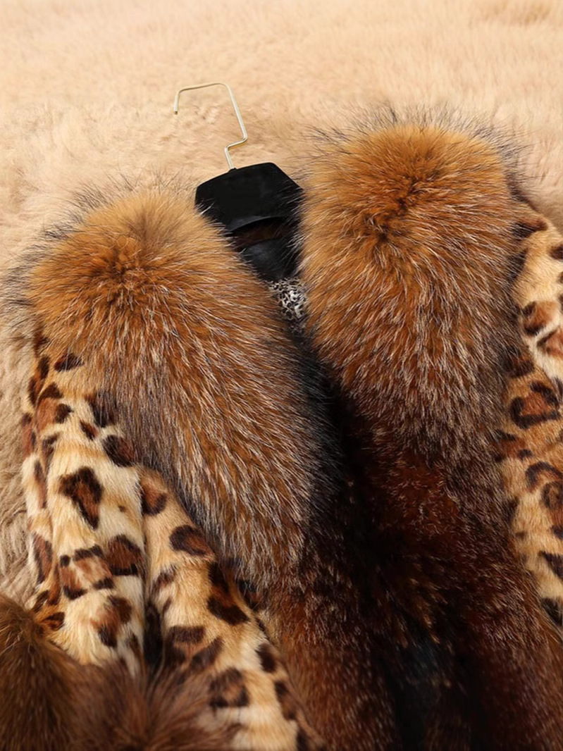 Cross-Border 2025 Autumn and Winter Fur Coat for Women, Mid-Length Leopard Print Faux Raccoon Fur Collar, Faux Fur Warm Coat, Light Luxury