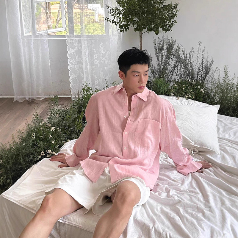 American-Style Pure Cotton Pink Shirt for Men, Dopamine Loose Long-Sleeve Single-Pocket Cardigan, Candy-Colored Casual Work Shirt