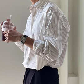 小众痞帅条纹衬衫男高级休闲衬衣日系春秋款长袖百搭外套复古外穿