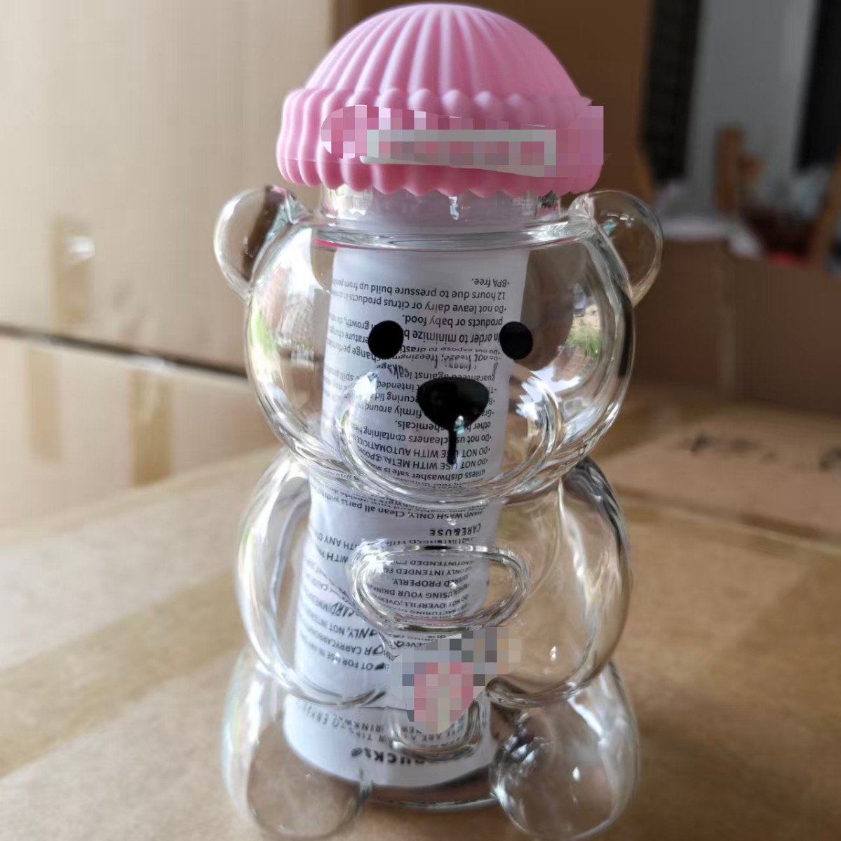 Taza de oso tipo oso con paja 590ml taza de agua creativa de dibujos animados al por mayor de alta borosilicina de vidrio cubierta de hielo