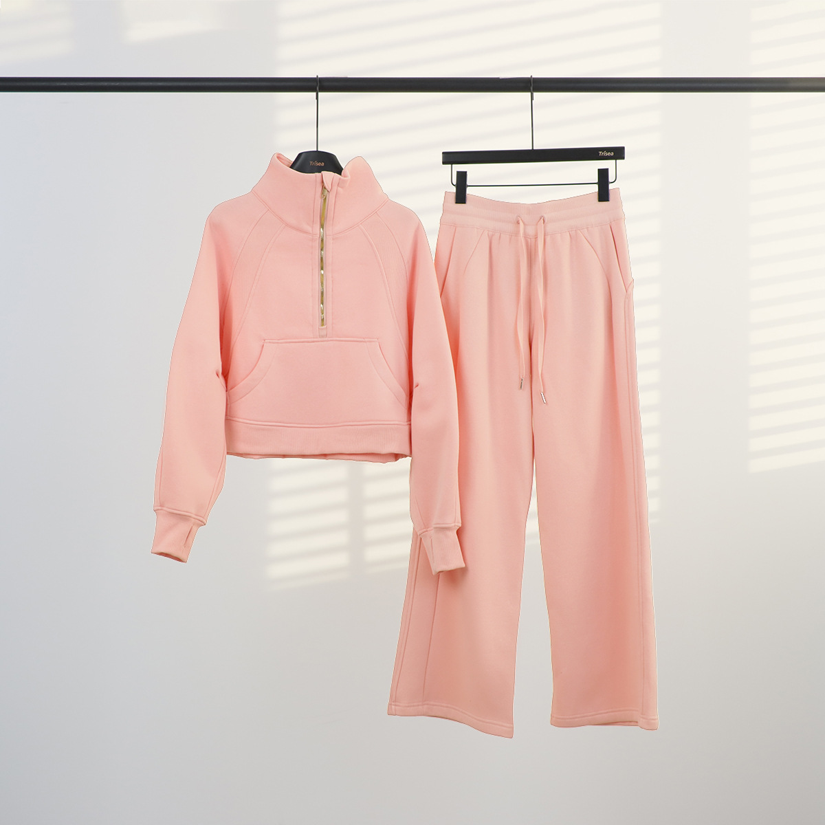 Women's Stand Collar Half Zip Fleece Lined Jogger Set Sportswear_voghion.com