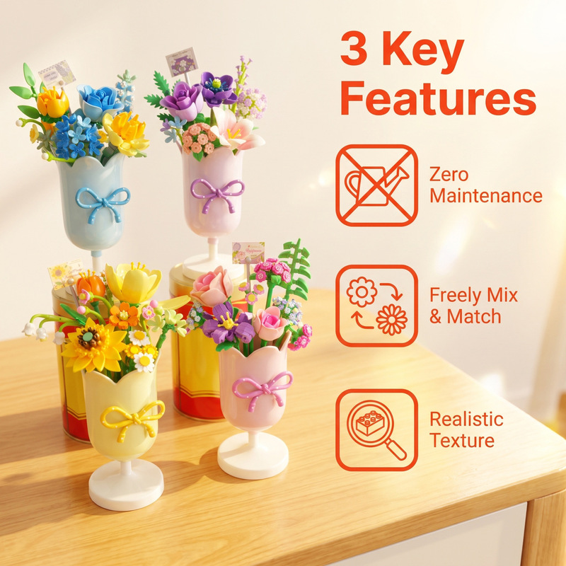 Cross-border Amazon AliExpress mini particle building blocks flower pen holder bow tulip flower arrangement toy decoration Cross-border Amazon AliExpress mini particle building blocks flower pen holder bow tulip flower arrangement toy decoration