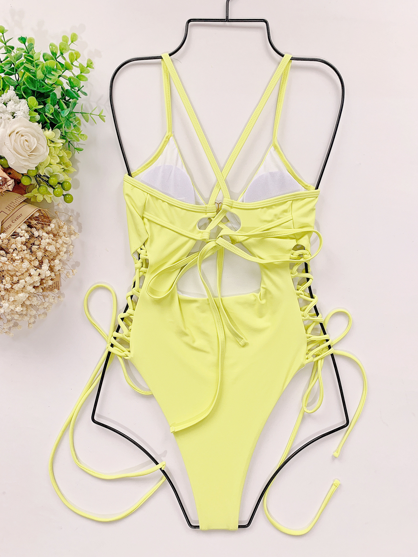Solid Color V Neck Sling Backless Lace-Up One-Piece Swimsuit NSCSM112545