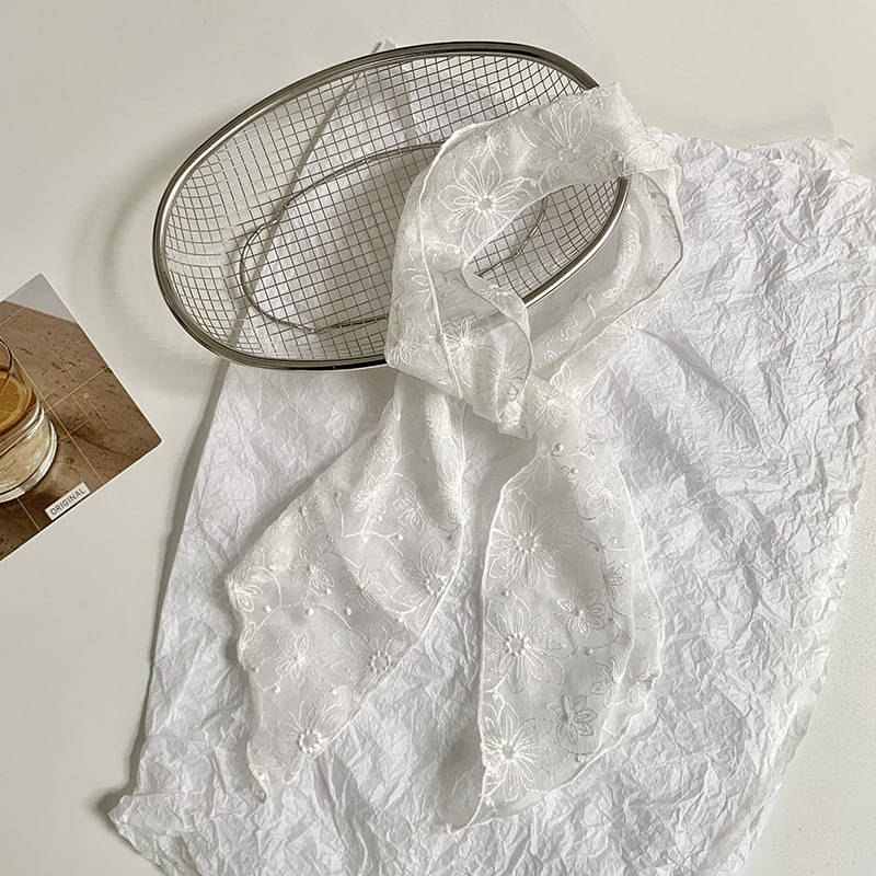 Pañuelo de seda de encaje, tira larga, sentido de alta gama, nueva primavera y verano, dulce cinta bordada, bufanda pequeña multiusos, cinta de bolsa atada