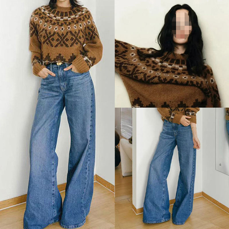 Savi ~ 2024 Fall/Winter Old Qian Feng Fairland Jacquard Turtleneck Sweater Big Horn Jeans suit 24788