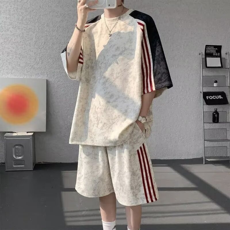 Striped patchwork tie-dye short-sleeve shorts two-piece set for boys, summer American-style sports casual loose-fit outfit