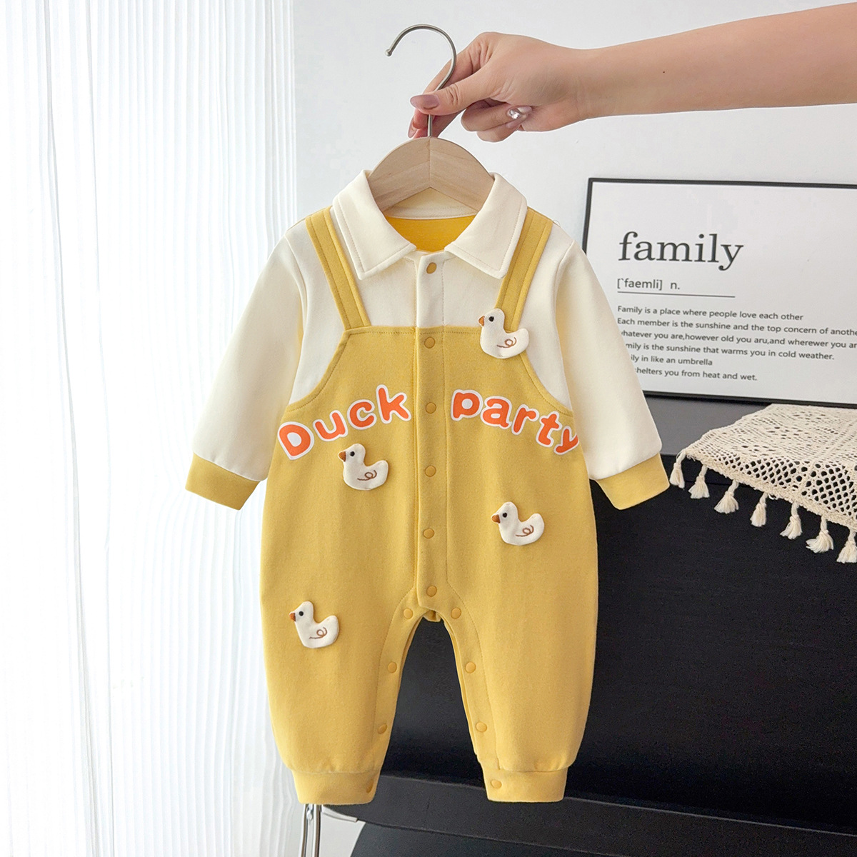 Baby boy's collared faux overalls bodysuit, yellow and white color blocking, little yellow duck baby romper, spring baby and toddler outerwear.