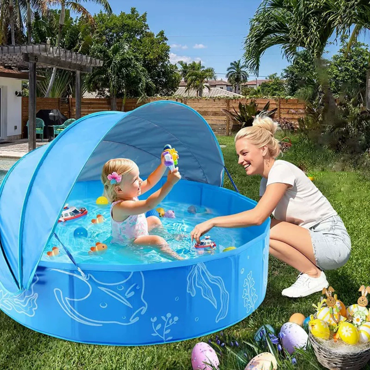Детский зонт для бассейна, водная игрушка, складной тент, круглый бассейн для игр с водой, детский пляжный коврик от солнца