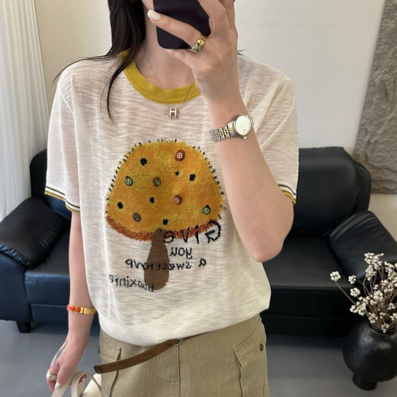 Mushroom Short-Sleeve Ice Silk Knit Top for Women, Thin Style, 2026 Summer New Loose Design, Youthful T-Shirt Top