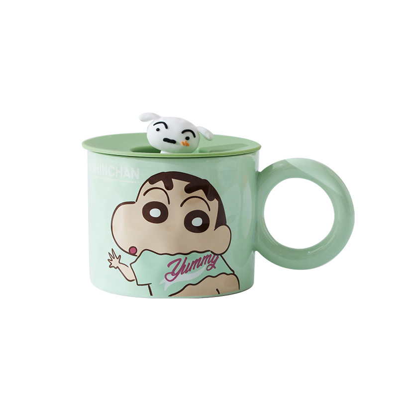 Taza de agua de la marca Crayon Shin-chan, taza de café creativa para estudiantes, taza de exportación de dibujos animados con tapa, taza de cerámica para el hogar