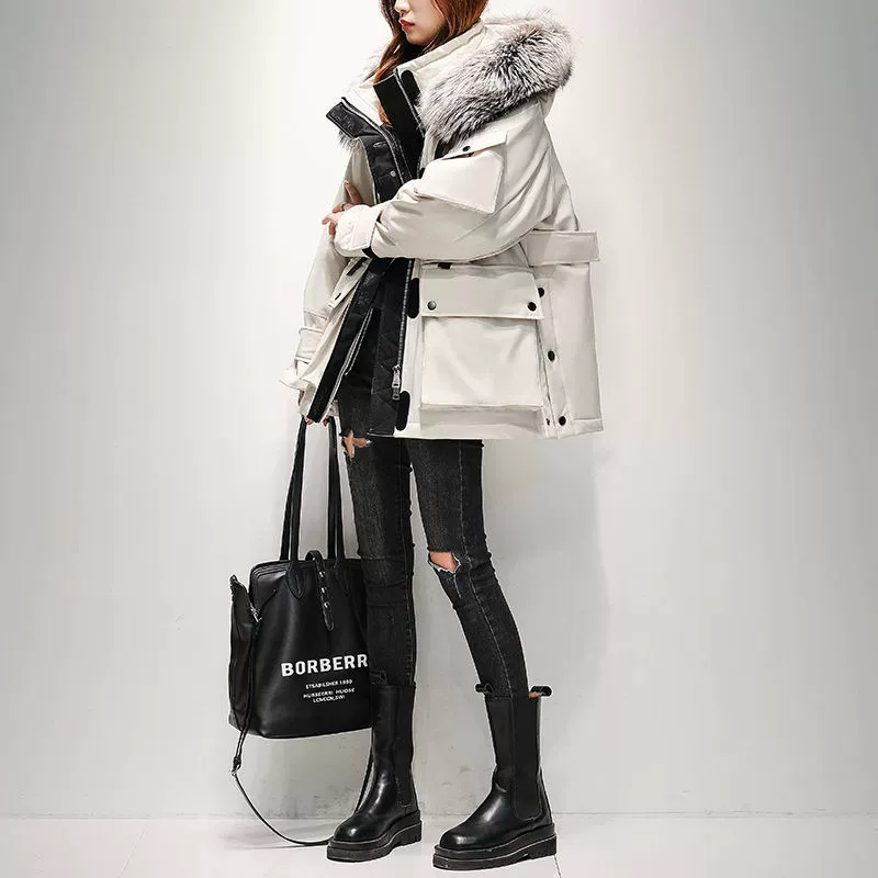 Long velvet down jacket, duck down, 2024, removable silver‑fox fur option