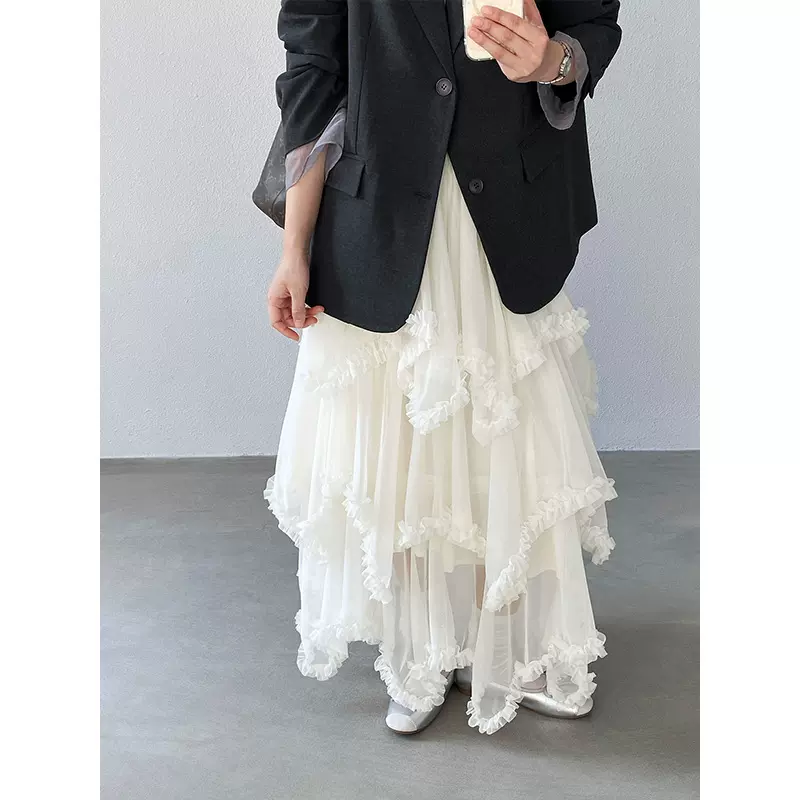 江左 漫野山茶叠叠乐 蕾丝花边网纱不规则半身裙女超仙长裙 0312