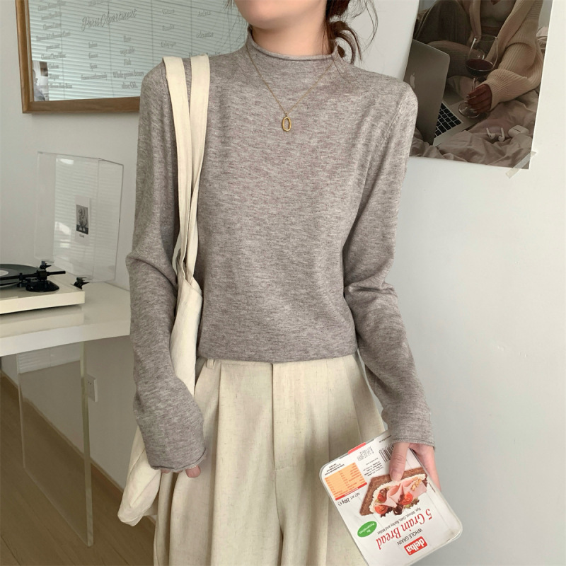 韩版基础款圆领卷边针织衫打底女早秋慵懒风毛衣长袖软糯内搭上衣|undefined