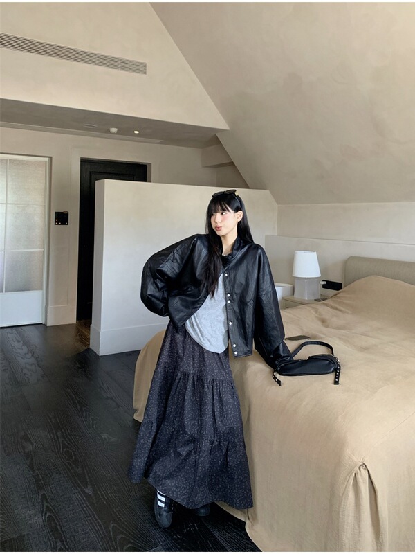 2025 New Fashion Suit Elegant Stand Collar Pu Leather Jacket Women's Autum French Floral Half-Length Skirt Two-Piece Set