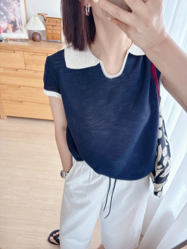 Mr.ファッション~快適で通気性のあるコントラストカラーラペルポロカラールーズスリムニット半袖Tシャツトップス|undefined