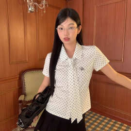 2025春夏季短袖复古宽松衬衣韩版显瘦翻领单排扣系带波点衬衫上衣