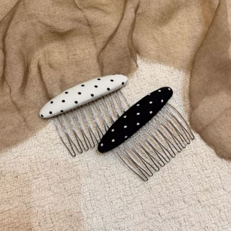 Korean Hair Accessories, French Retro Black and White Polka Dot Bangs Comb, Simple and Versatile Anti-Slip Hair Comb