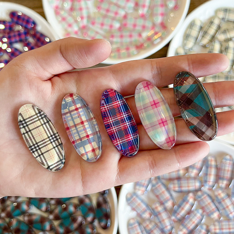 E06 Colorful Plaid Oval Patch DIY Handmade Acrylic Material Hair Accessories Cute Accessories Hair Rope Hair Ring Jewelry