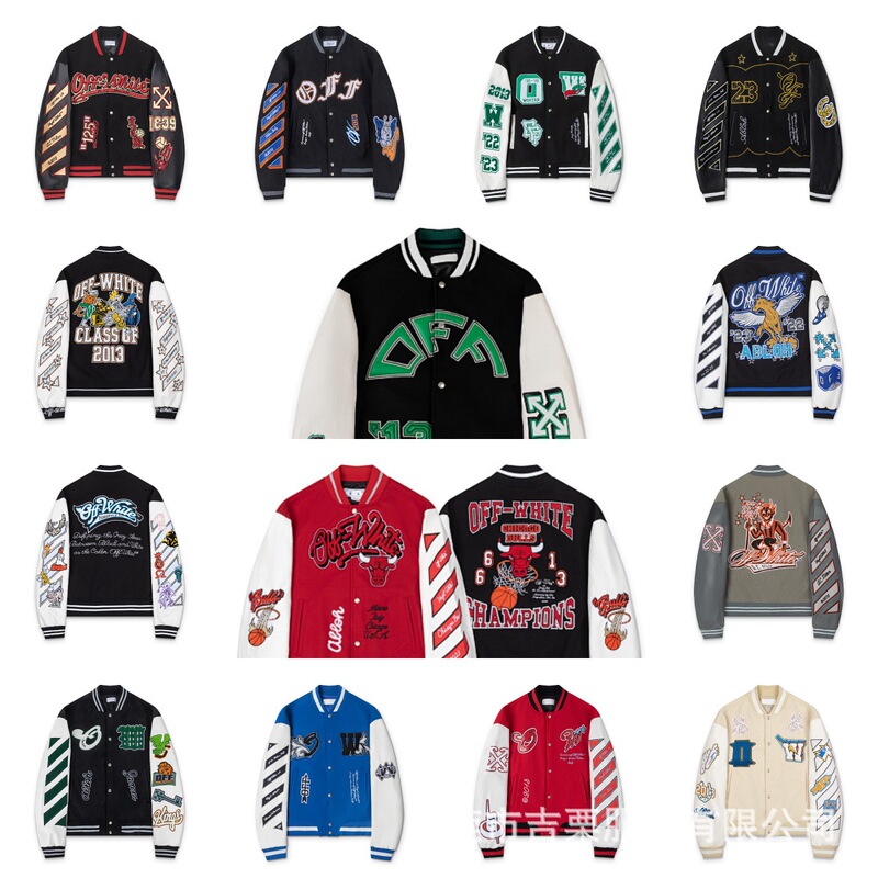 Cross-border European and American OFF25ss heavy embroidery patchwork leather baseball jacket, woolen fabric couple's jacket collection