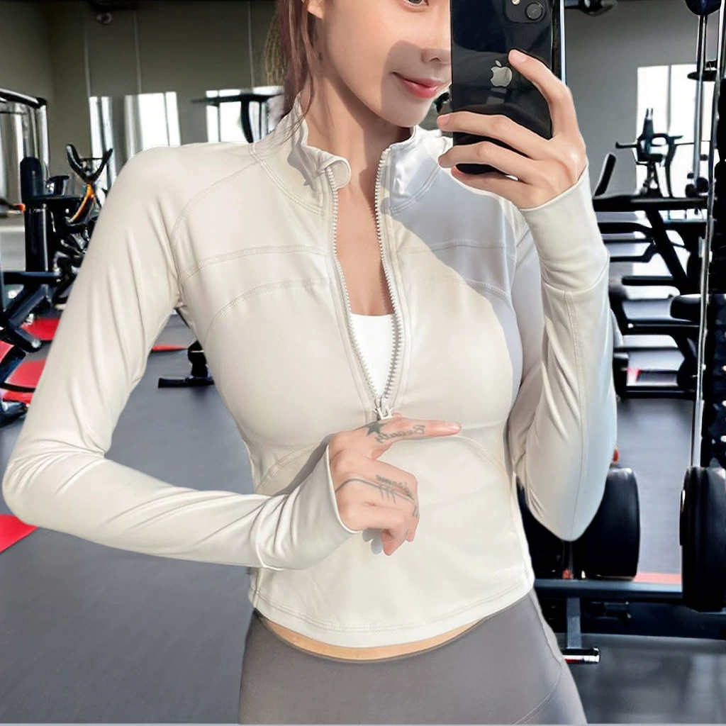 Sports yoga clothing with zipper, elastic quick dry demi-season long-sleeve for gym, high-quality style, fitted, slim fit
