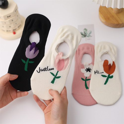 Spring and summer socks, women's socks, thin style with silicone shallow boat socks for women, cute tulip low-top ins style women's socks