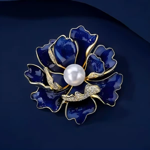 Blue Enamel Peony Flower Diamond Brooch Vintage Niche Advanced Design Sense Corsage Exquisite Pin Suit Accessories