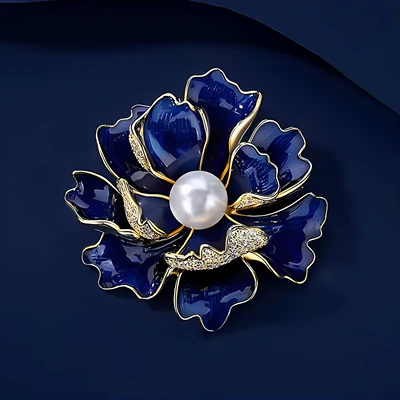 Blue Enamel Peony Flower Diamond Brooch Vintage Niche Advanced Design Sense Corsage Exquisite Pin Suit Accessories