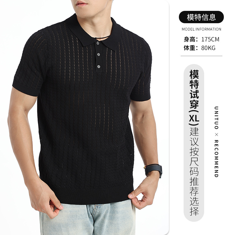 2026 nuevo polo de punto de verano hombre manga corta retro estriado collar transpirable de negocios chaqueta casual