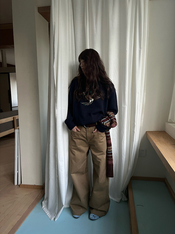 POXFFEE/砂洗质感磨毛休闲裤长裤女秋冬阔腿直筒宽松bf慵懒风裤子|undefined