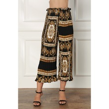 实拍亚马逊欧美大牌印花图腾松紧工艺花边裤收腰百褶宽松大码长裤