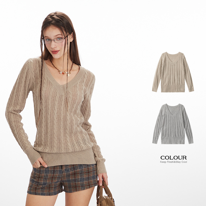 HeyHenry 2025 Autumn/Winter Knitted V-neck Top, Sophisticated and Relaxed Style Pullover Sweater for Women, Retro Cable Knit