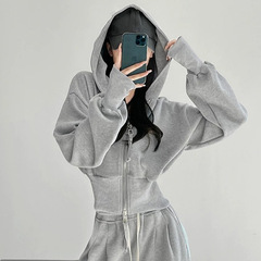 灰色运动套装女短款卫衣外套修身收腰上衣休闲裤两件套秋冬季韩系