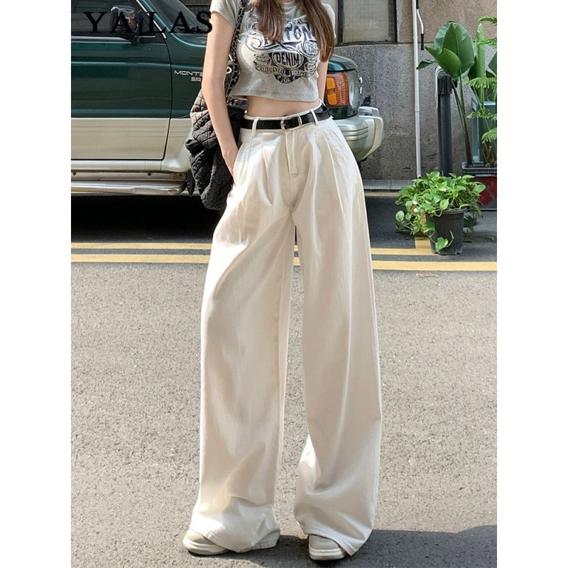 美式白色阔腿牛仔裤女2025高腰显瘦宽松褶皱慵懒垂感直筒裤子春秋|undefined