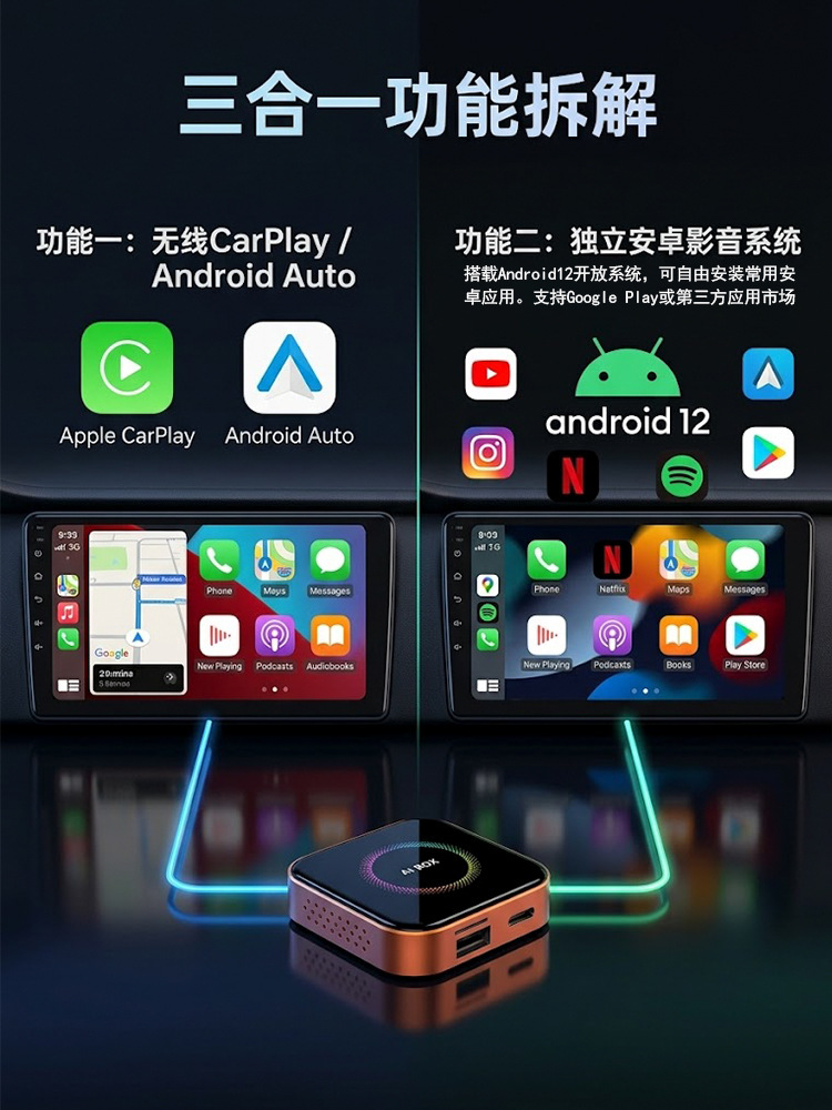 3-in-1 wireless CarPlay box, wired to wireless Android Auto car connectivity box with screen mirroring