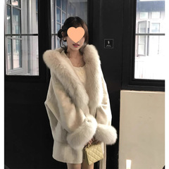 沪上千金 温柔风仿狐狸毛毛领连帽拼接大衣女冬气质宽松外套兔毛
