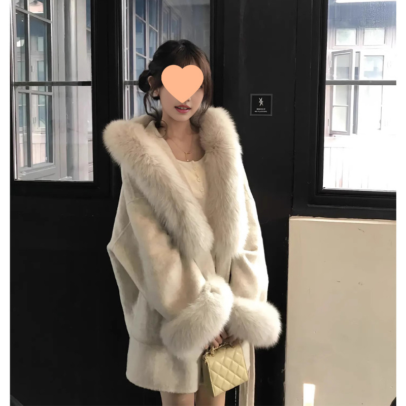 沪上千金 温柔风仿狐狸毛毛领连帽拼接大衣女冬气质宽松外套兔毛|undefined