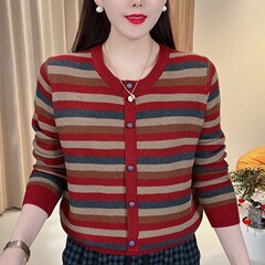 减龄休闲圆领拼色彩条软糯细针织针织衫2025春季年轻妈妈装毛衣女