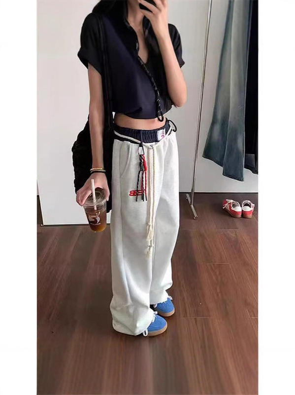 jennie同款小标绑带撞色腰可束脚直筒裤女秋季新款宽松情侣休闲裤|undefined