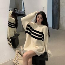 300斤加大码中长款针织衫女慵懒风条纹外穿下衣失踪拼色毛衣女夏