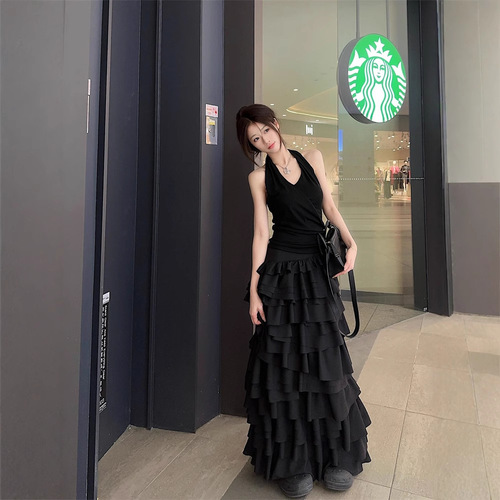 ~White Necktie Dress Set for Women Spring French Cake Dress Long Skirt Korean Version 2025