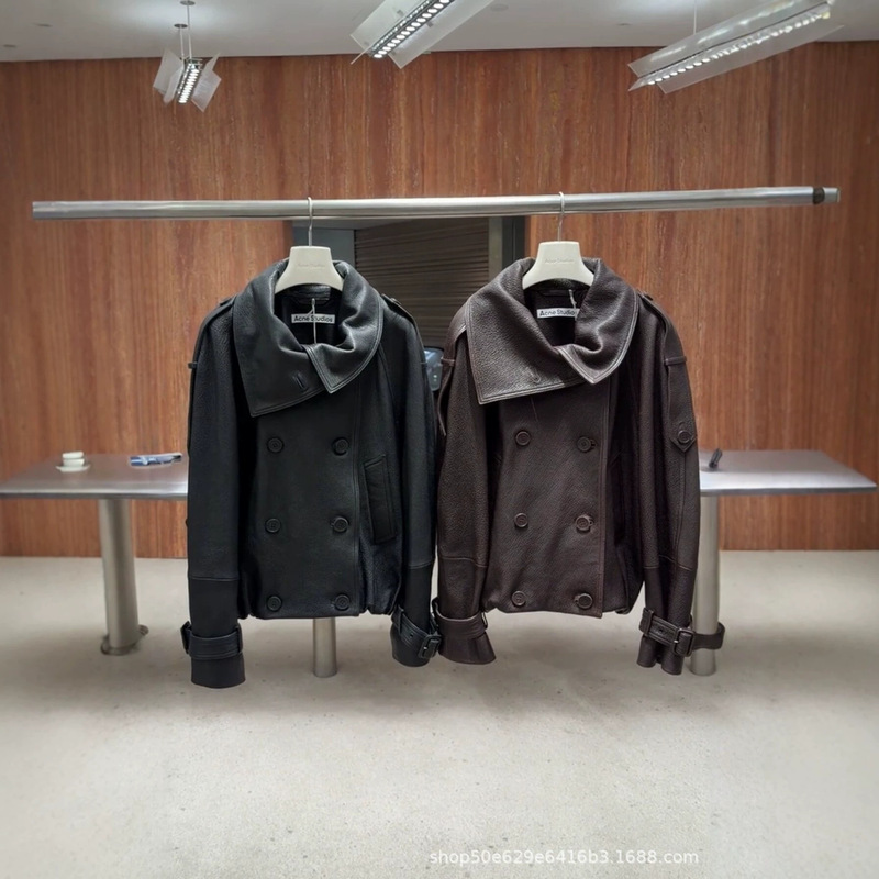 2026 Spring New Collection: Asymmetrical Collar, Double-Breasted, AC-Style, Lychee-Patterned Leather Short Jacket, Oversized Fit
