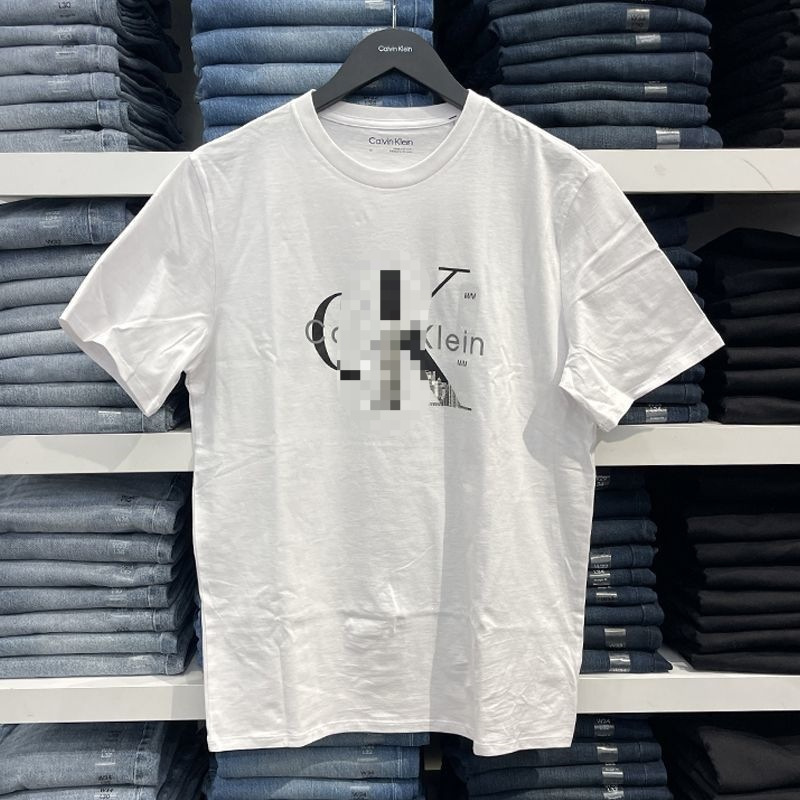 Men's Summer Fashion Large Ck Print Short-Sleeve Casual Round-Neck Breathable Cotton T-Shirt White Loose Fit Wholesale