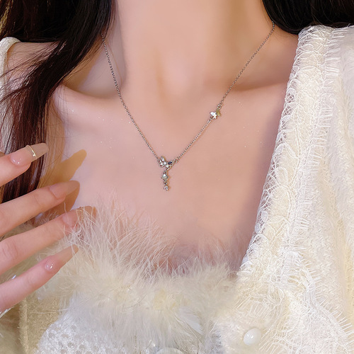 Korean-style ethereal crystal diamond butterfly necklace for women—sophisticated, niche, sweet, with moonstone accents and a trendy fringed design that’s Instagram-worthy.