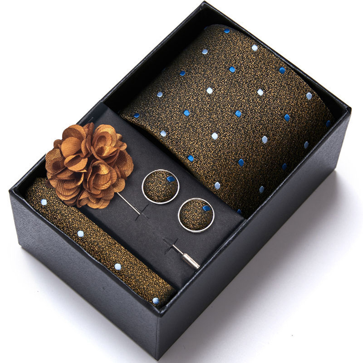 男性の新しい青いストライプのプリントネクタイのスカーフのカフスの胸の花のギフトボックスの包装の贈り物の佳品は祝日に適します。