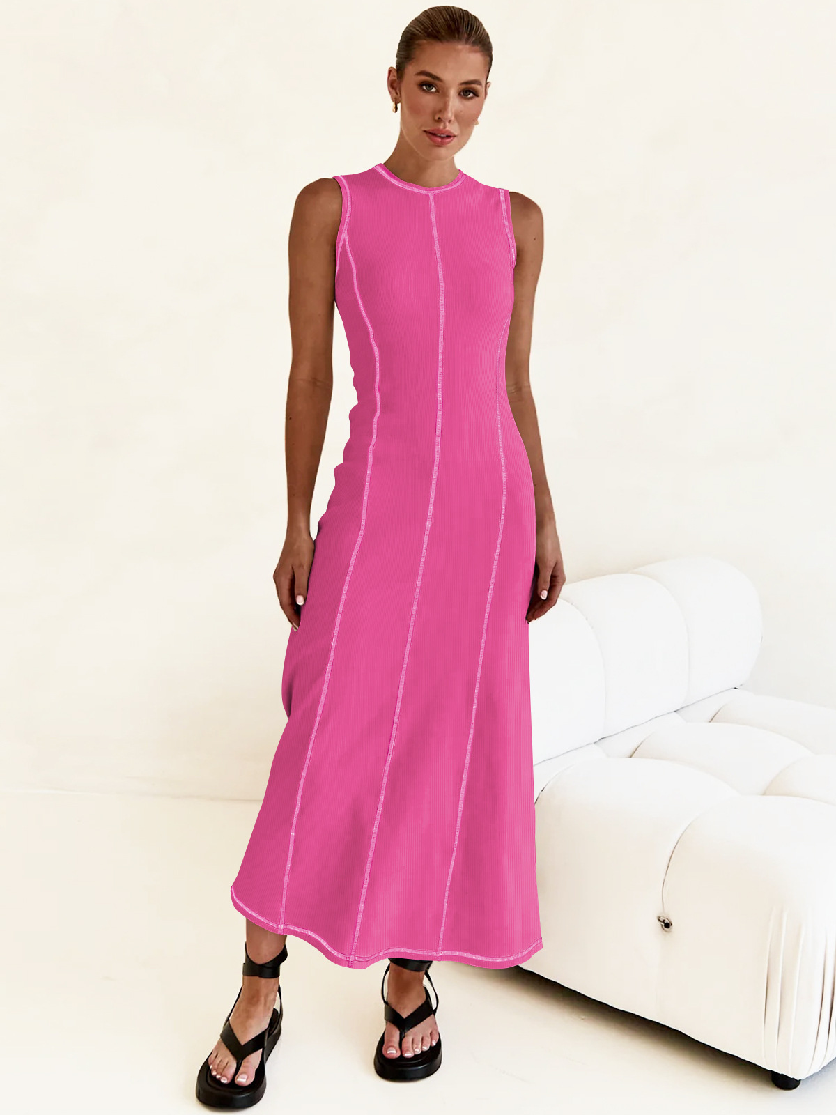 Women's Sheath Dress Streetwear Round Neck Sleeveless Stripe Solid Color Maxi Long Dress Daily display picture 9
