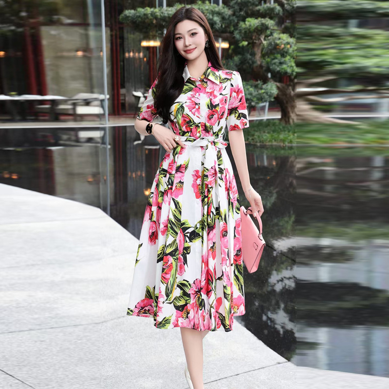 Women's Lapel Short Sleeve Floral Printed Belted Mid Long Shirt Dress A-line  New | eBay