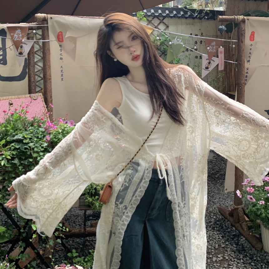 French-style crochet embroidered lace blouse for women, summer vacation style, beach sun protection, sheer outerwear, long coat.