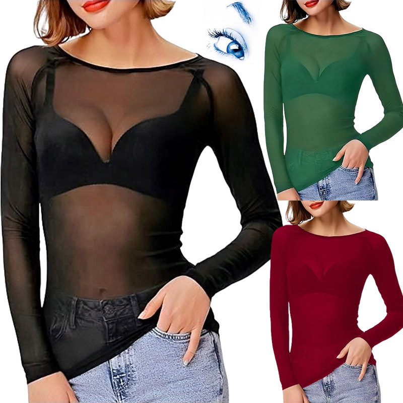 2023 Amazon Mesh Translucent T-Shirt Top Shopee Transparent Versatile T-Shirt Women's T-Shirt