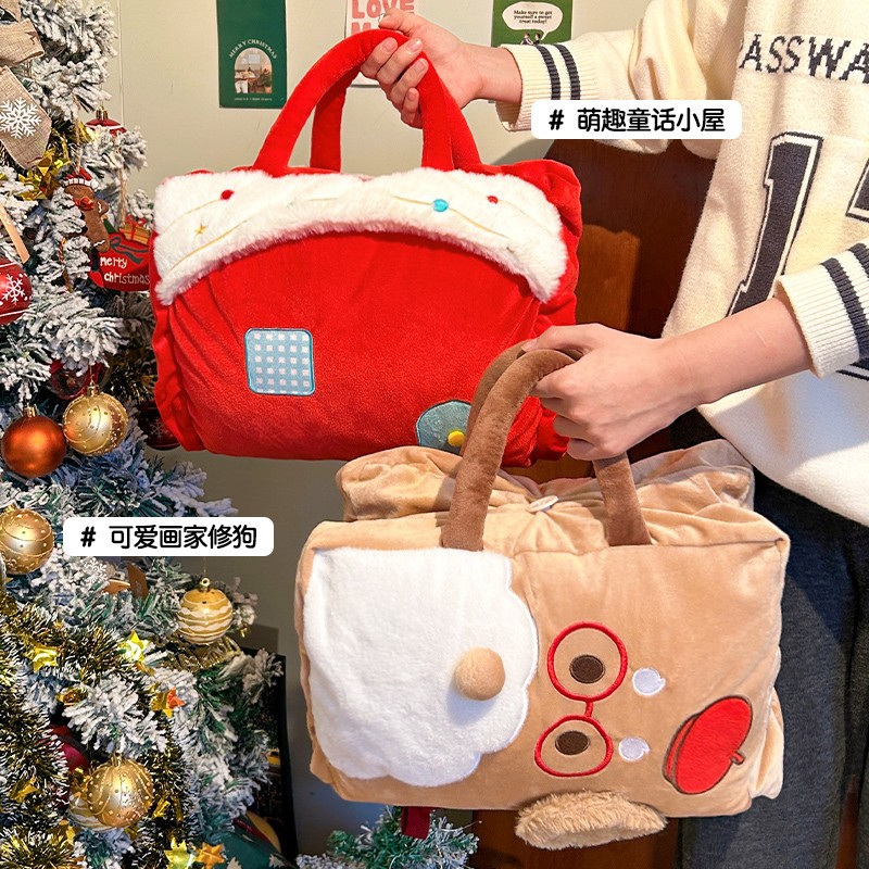 Portable Cute Blanket Nap Office Leisure Pillow Blanket Two-In-One Winter Christmas Thick Velvet Blanket Cover