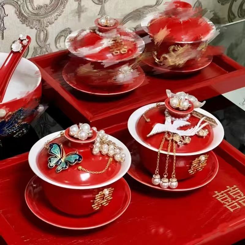 喜结连理敬茶杯婚庆用品陪嫁对杯diy手作装饰陶瓷盖婚庆用品大全|undefined